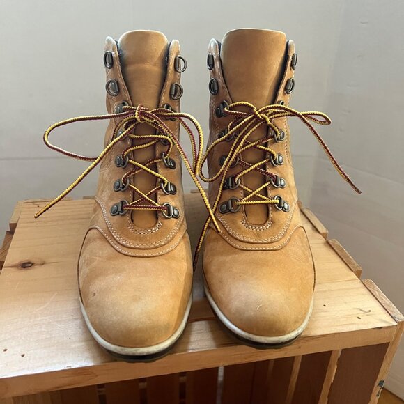 Timberland Size 8.5 M Tan Leather Lace-Up Wedge Heel Ankle Bootie Boots Shoes - Picture 3 of 16